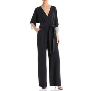 Laundry by Shelli Segal Fringed Wrap Wide Leg Pant Jumpsuit Black Size 10